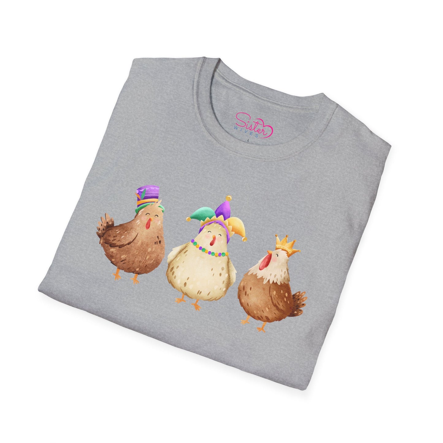 Throuple Chicken T-Shirt | Polyamory ENM Pride Tee | Cute Mardi Gras Chickens Graphic Shirt | Chosen Family Swinger Lifestyle Apparel