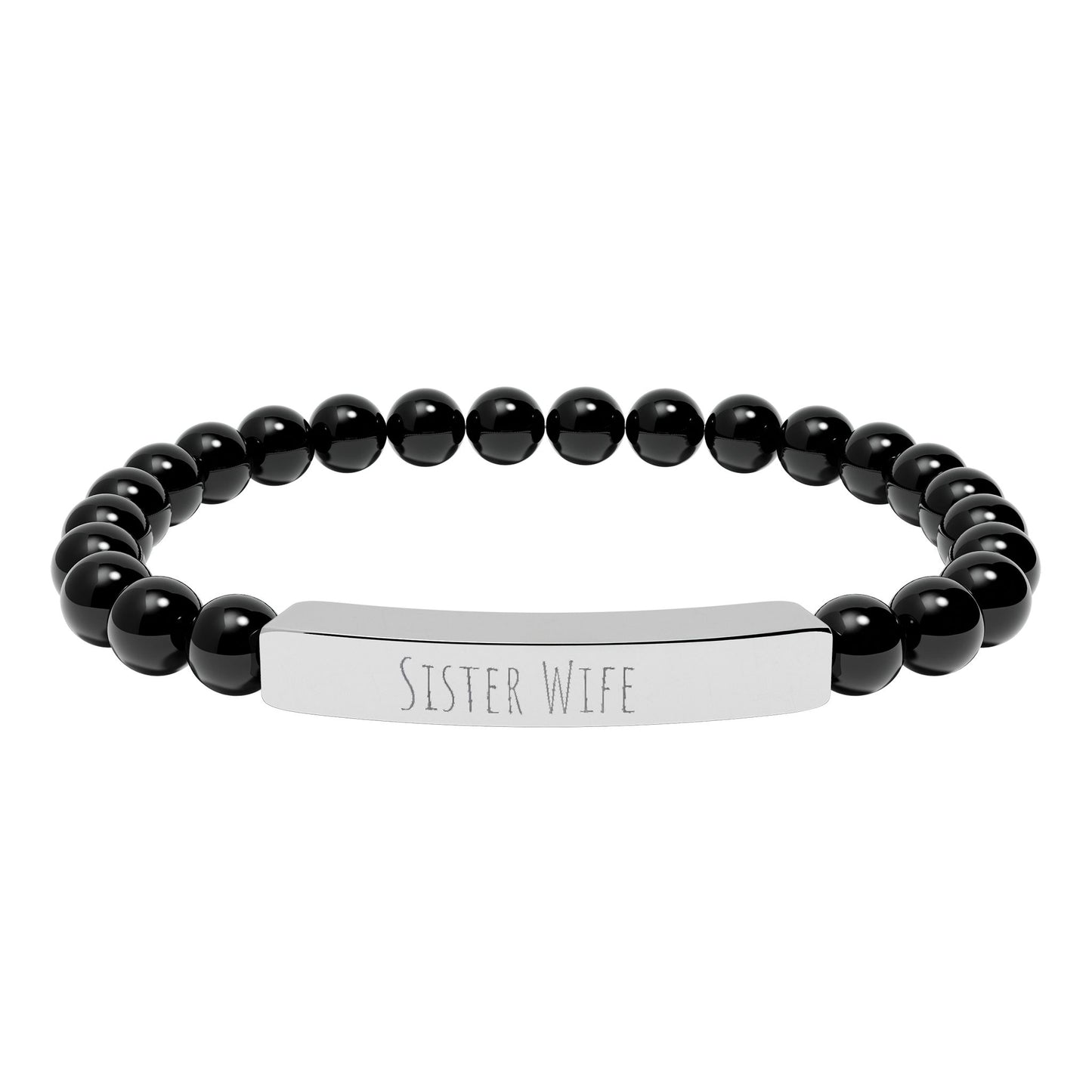 Sister Wife Natural Stone Stretch Bar Bracelet – Engraved Stainless Steel ID Bracelet, Polyamory & ENM Jewelry, Minimalist Relationship Bracelet