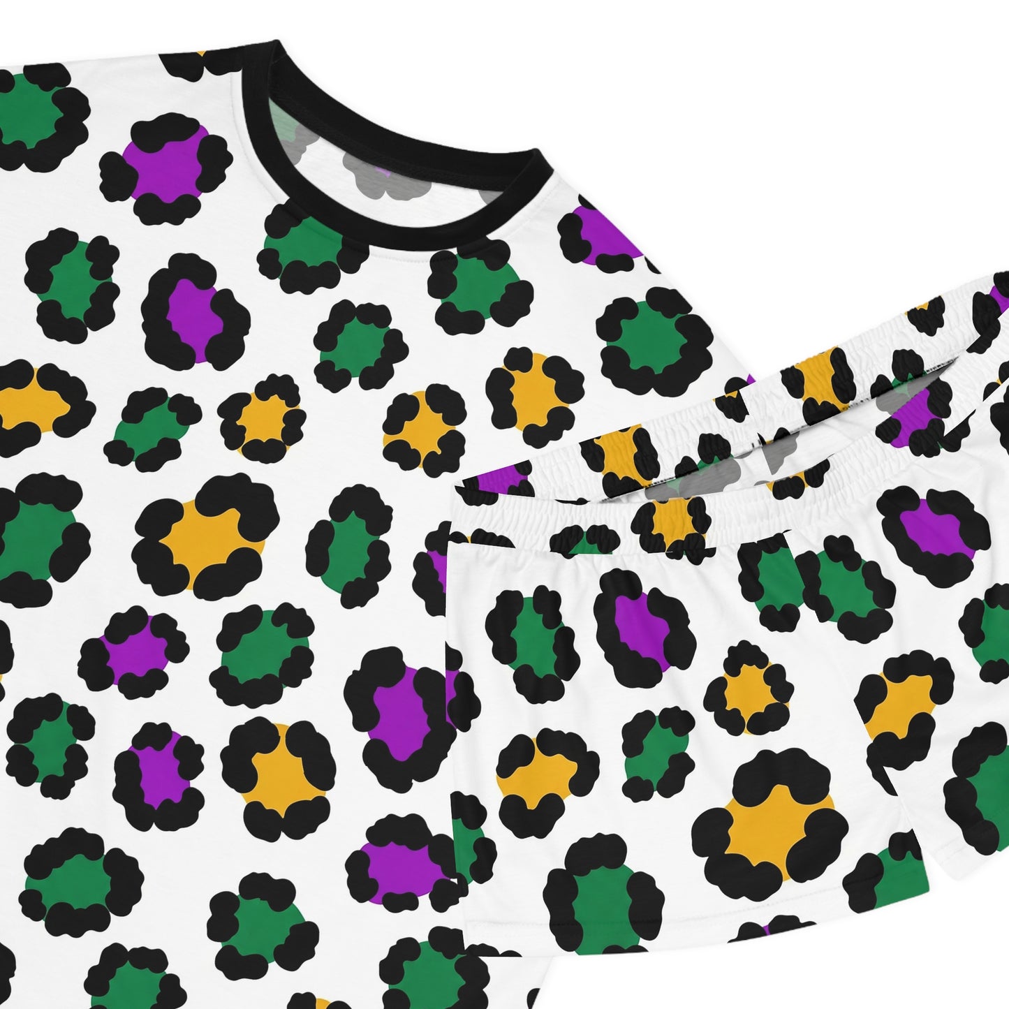 Mardi Gras Leopard Print Pajama Set – Animal Print Short Sleeve Sleepwear, Polyamory Friendly ENM Lounge Set, Bold Festival Pajamas