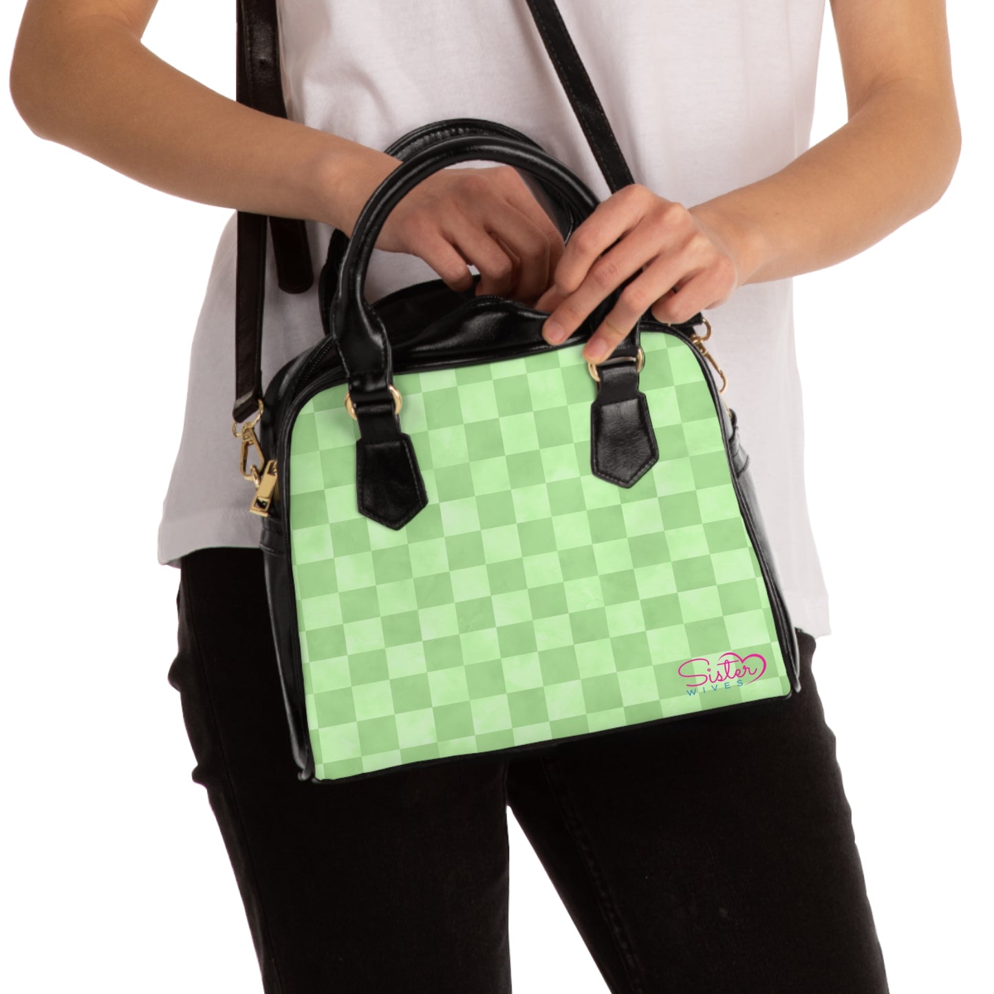 Green Checkered Shoulder Handbag – Modern Geometric PU Leather Purse, Polyamory & ENM Friendly Fashion Bag, Love-Positive Gift