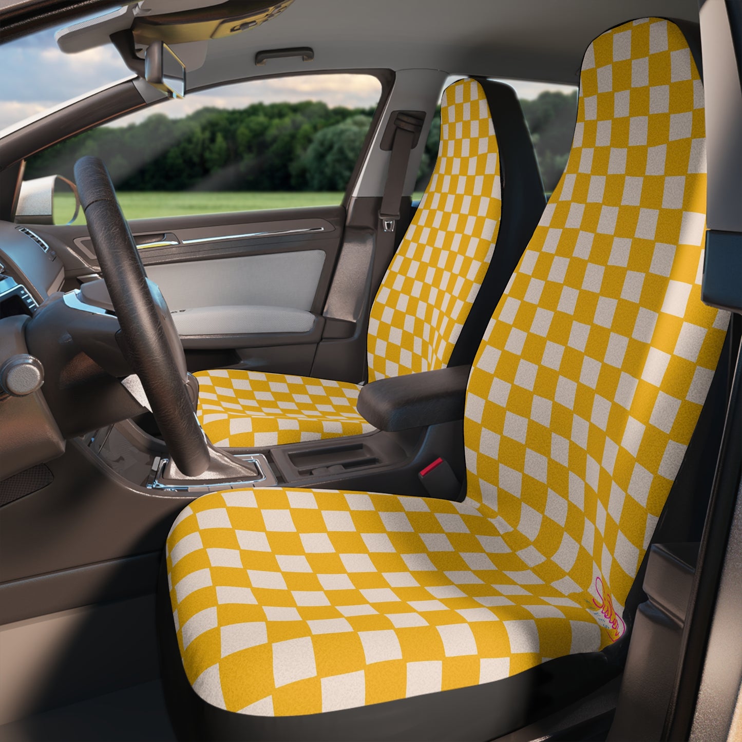Yellow Checkerboard Car Seat Covers | Retro Checkered Auto Decor | Boho Dopamine Seat Covers | Polyamory & ENM Friendly