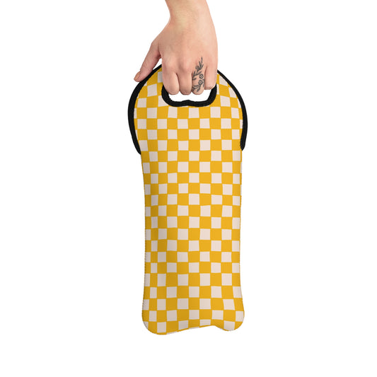 Yellow Checkered Wine Tote Bag – Reusable Neoprene Wine Bottle Carrier with Handle