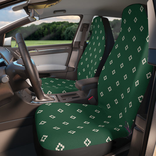 Green Geometric Car Seat Covers | Boho Southwest Auto Decor | Diamond Pattern Seat Covers | Polyamory & ENM Friendly
