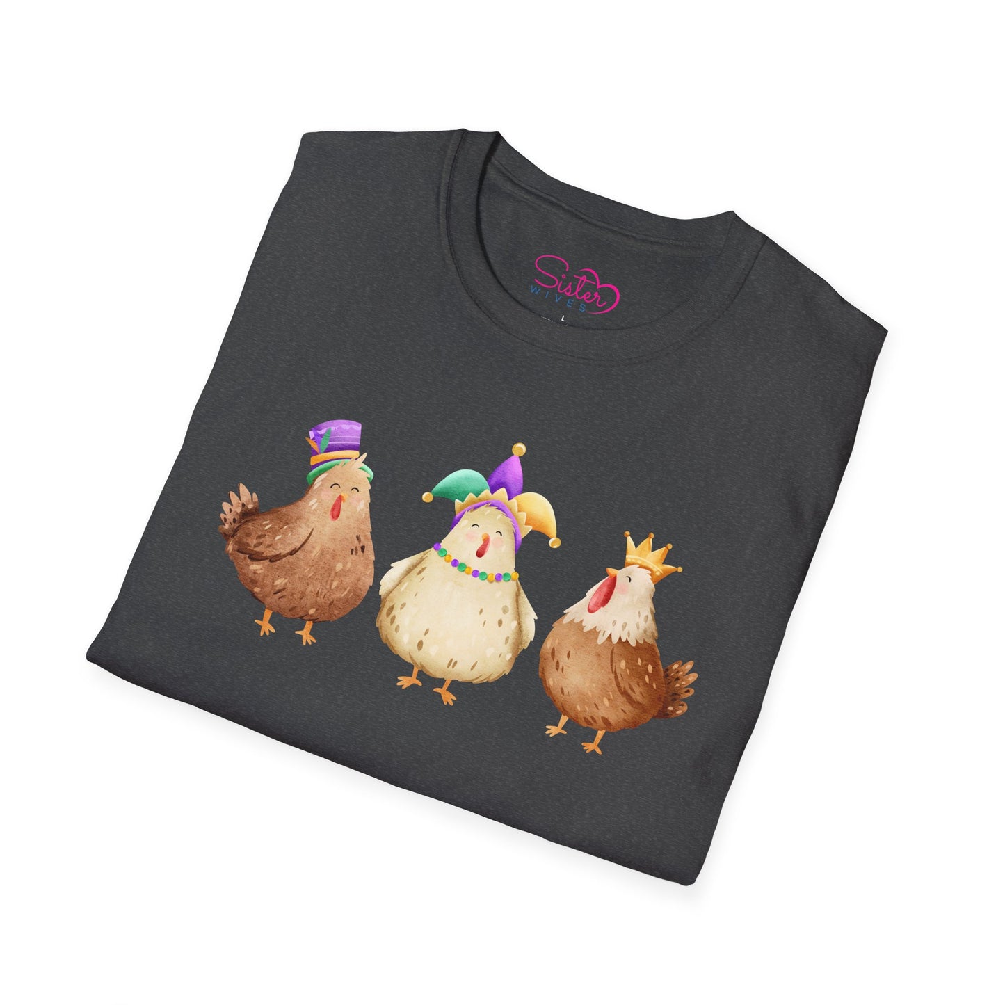 Throuple Chicken T-Shirt | Polyamory ENM Pride Tee | Cute Mardi Gras Chickens Graphic Shirt | Chosen Family Swinger Lifestyle Apparel