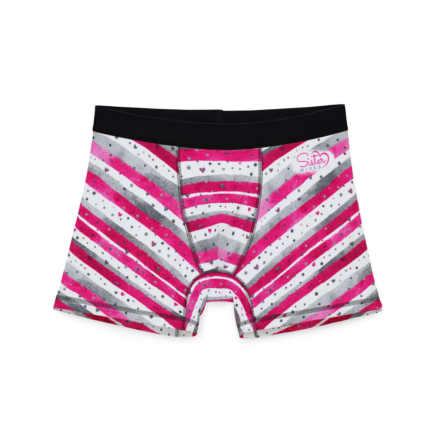 Men’s Valentine’s Heart Stripe Boxer Briefs – Pink & Gray Striped Boxers, Polyamory & Swinger Friendly Underwear, ENM Pride, Matching Couples Sets Available