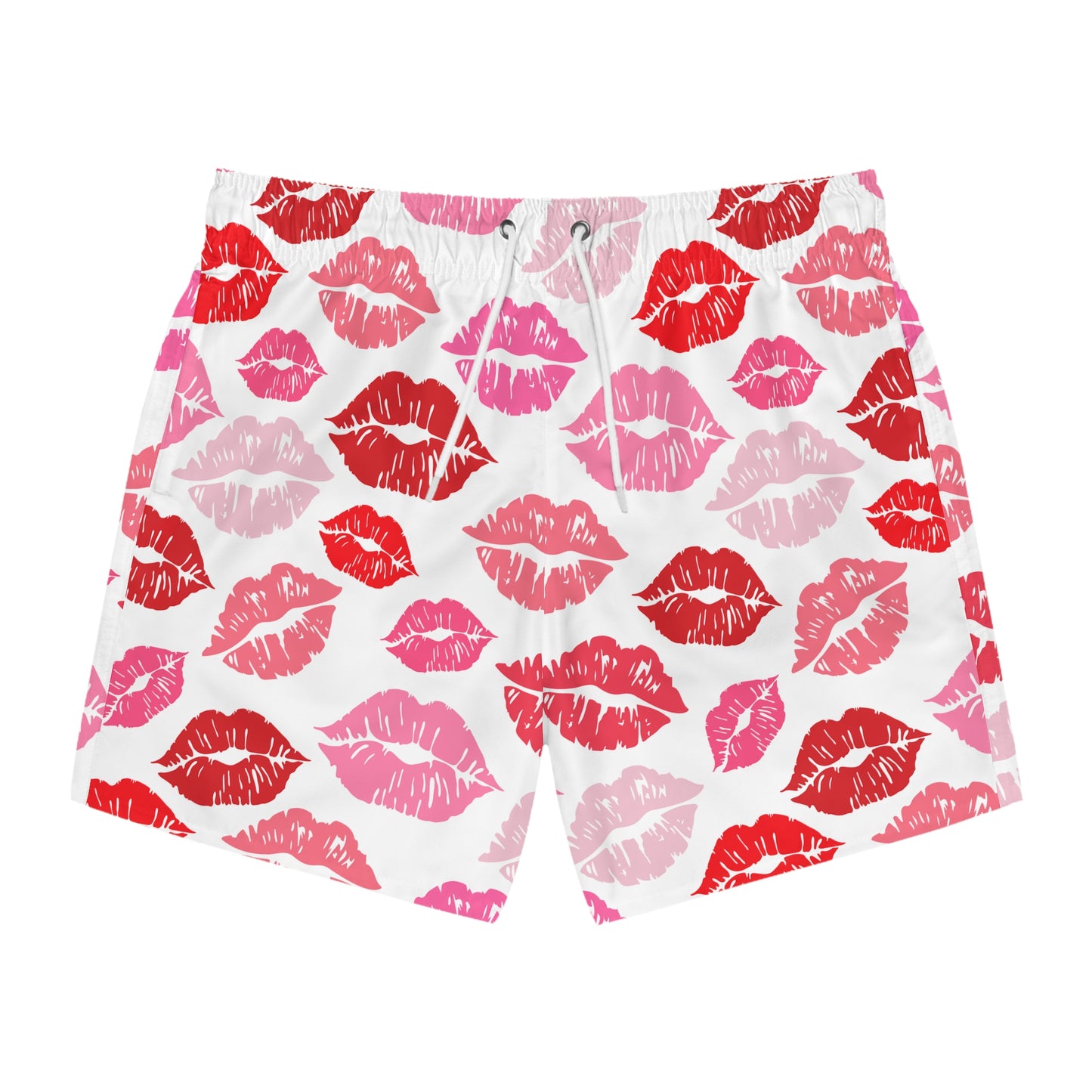 Men’s Valentine’s Kiss Swim Trunks – Lip Print Board Shorts, Polyamory & ENM Friendly Swimwear, Fast-Dry Summer Shorts