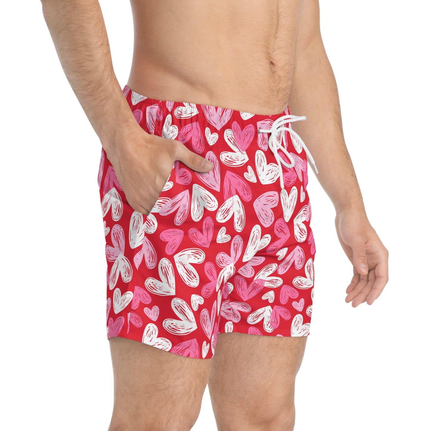Red Men’s Valentine’s Heart Swim Trunks – Red Heart Print Board Shorts, Polyamory & ENM Friendly Swimwear, Fast-Dry Summer Shorts