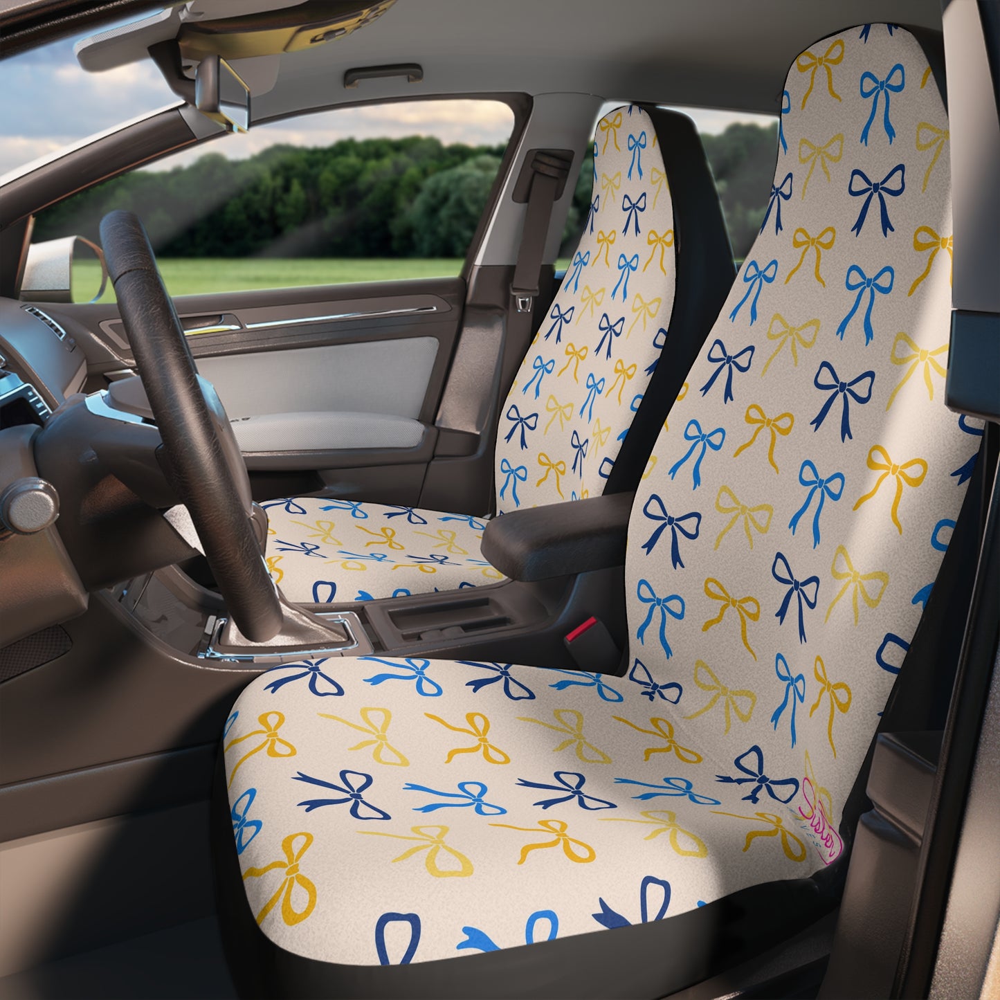 Blue & Yellow Bow Car Seat Covers | Blue & Yellow Coquette Auto Decor | Retro Boho Seat Covers | Polyamory & ENM Friendly