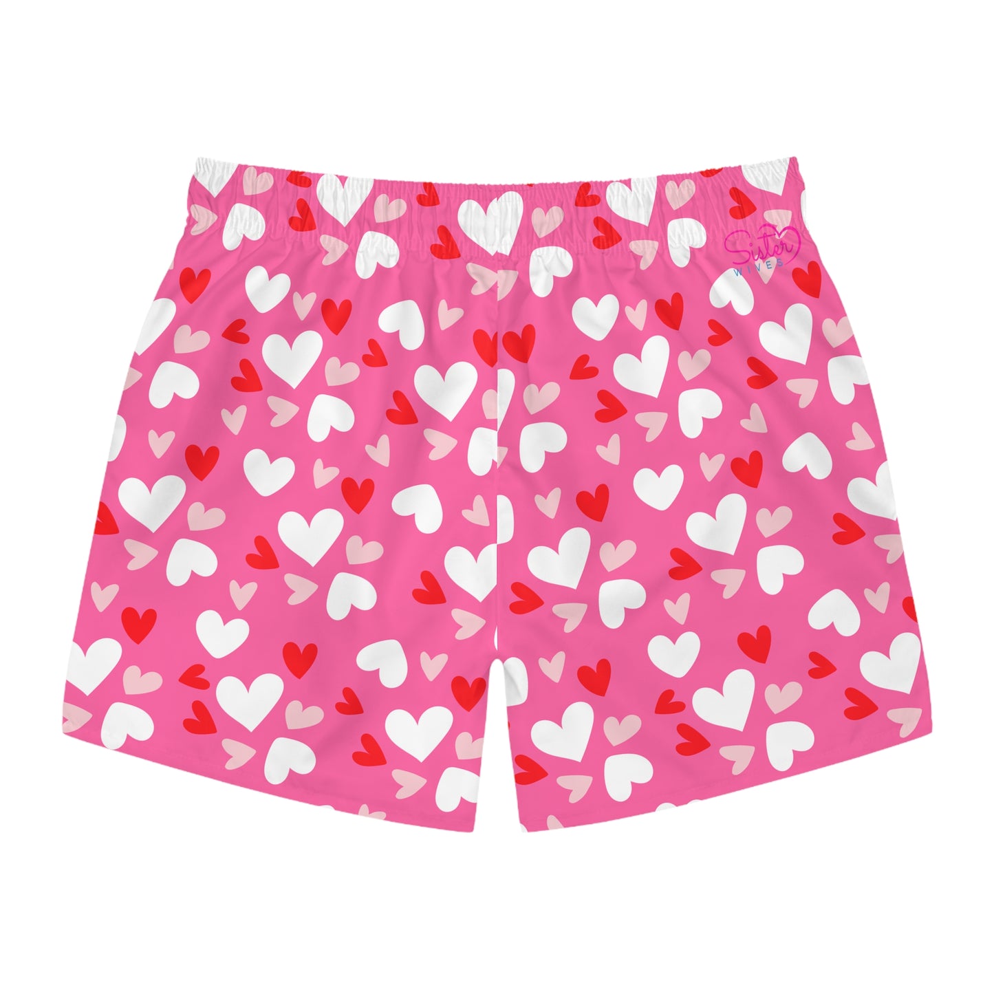 Men’s Valentine’s Heart Swim Trunks – Red Heart Print Board Shorts, Polyamory & ENM Friendly Swimwear, Fast-Dry Summer Shorts