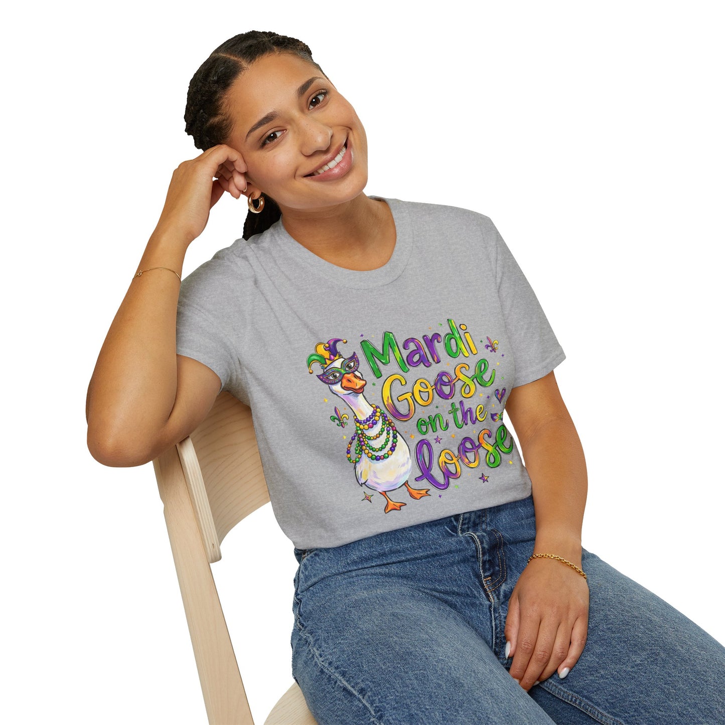 Mardi Goose on the Loose Shirt – Funny Mardi Gras Goose T-Shirt, Polyamory ENM Non-Monogamy Carnival Tee, Unisex Gildan 64000