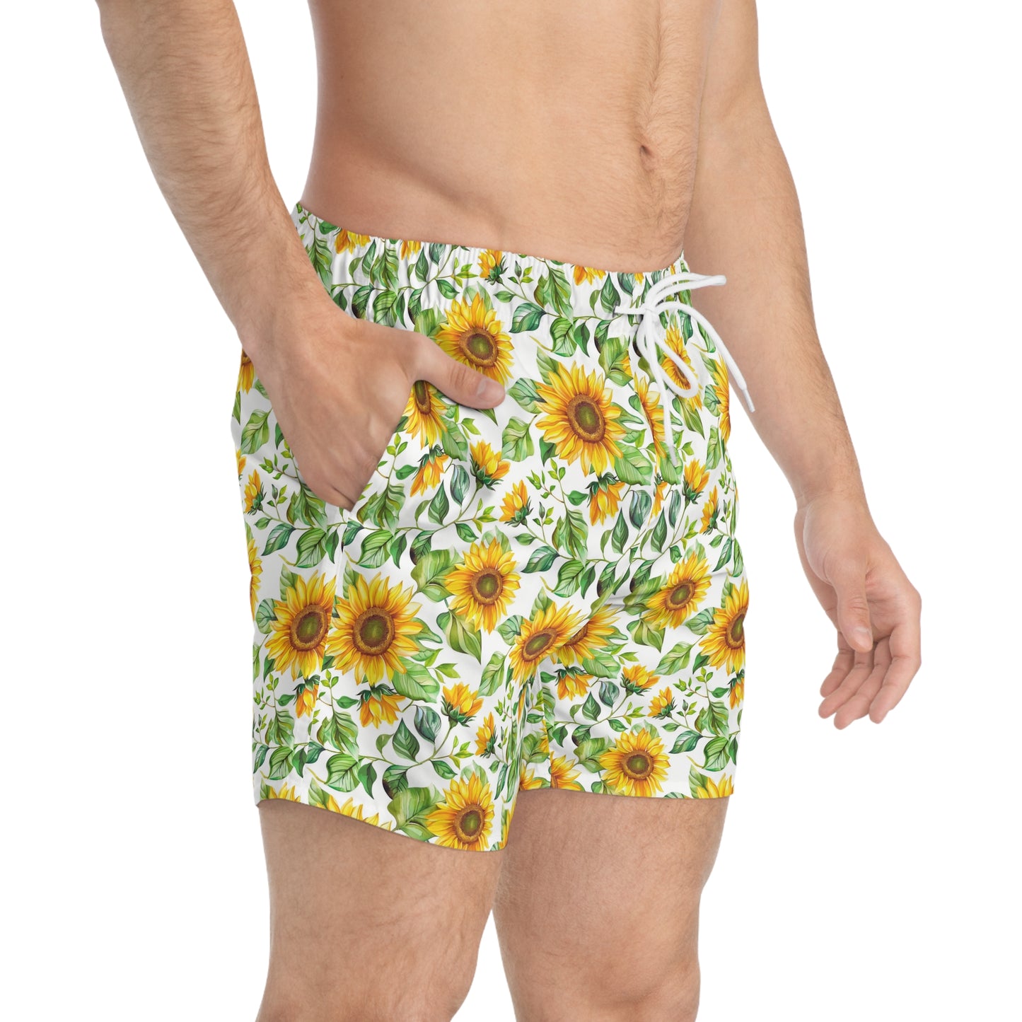 Men’s Sunflower & Daisy Swim Trunks – Bright Floral Summer Swim Shorts, ENM Polyamory Friendly Beach Board Shorts, Fast-Dry