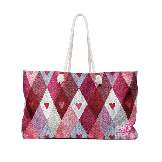 Valentine Red & Pink Weekender Bag | Romantic Heart & Checkered Patterns | Polyamory-Friendly Travel Bag | Cute Getaway Tote for Couples & Throuples