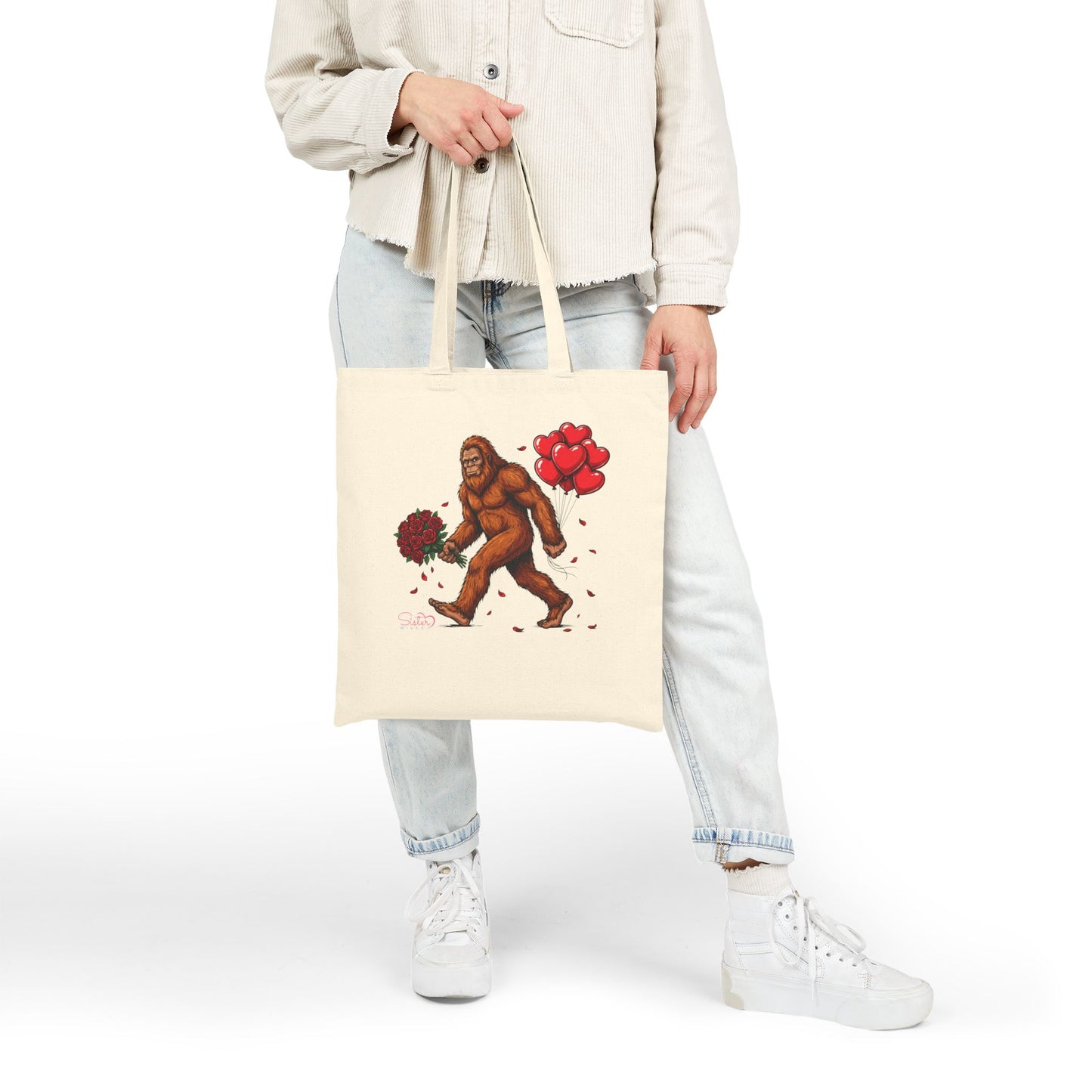 Bigfoot Tote Bag with Flowers | Chosen Family & ENM Canvas Tote | Playful Cryptid Aesthetic Bag | Polyamory Friendly Gift