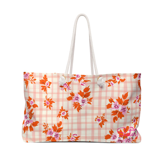Pink Gingham Floral Weekender Bag – Cottagecore Travel Tote, Vintage Floral Overnight Bag, Soft Aesthetic Carryall for Weekend Getaways