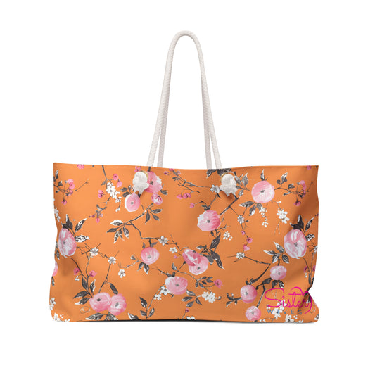 Orange Floral Weekender Bag – Cottagecore Travel Tote, Vintage Floral Overnight Bag, Soft Aesthetic Carryall for Weekend Getaways