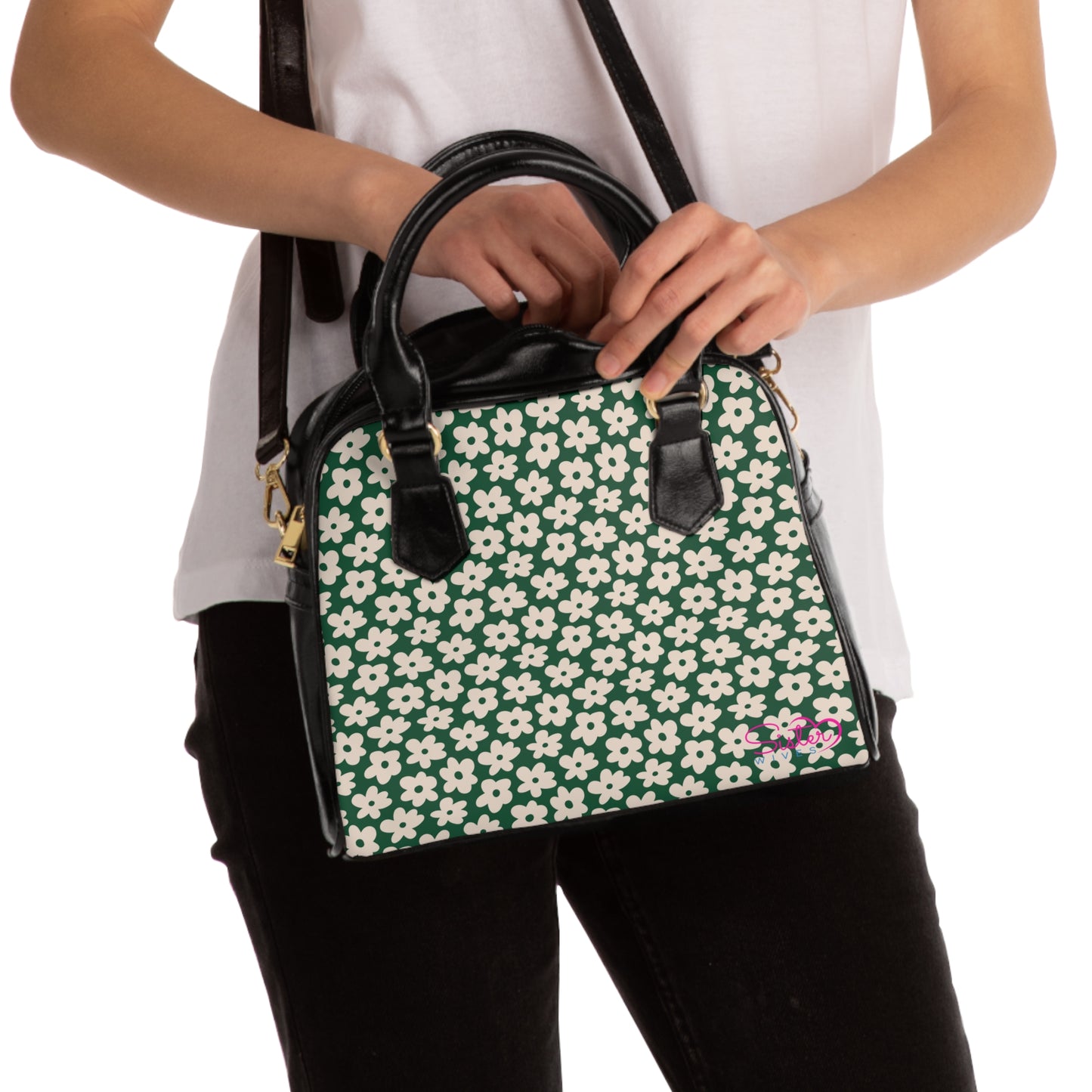 Green Retro Daisy Floral Shoulder Handbag – Vintage Flower PU Leather Purse, Polyamory & ENM Friendly Fashion Bag, Love-Positive Gift