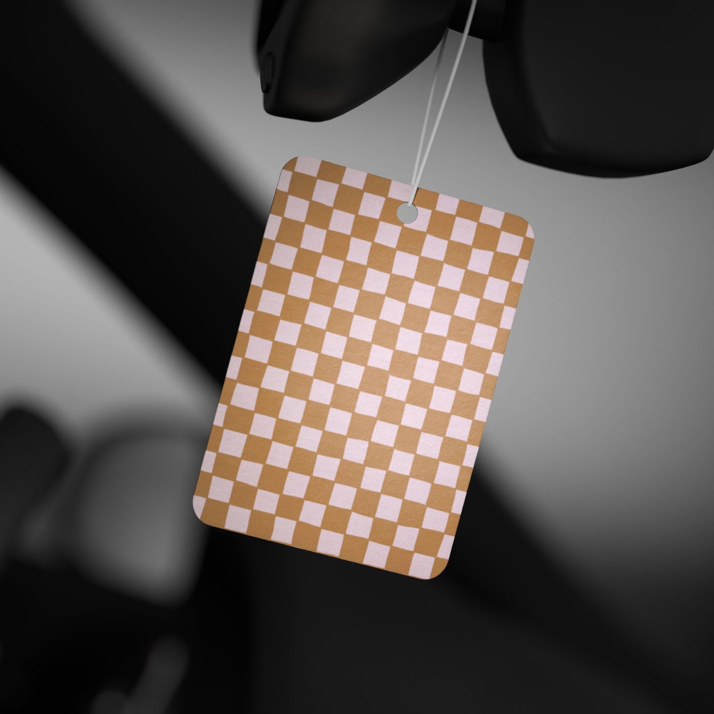 Neutral Checkered Car Air Freshener – Beige Aesthetic Hanging Diffuser | Pine, New Car & Black Ice Scents