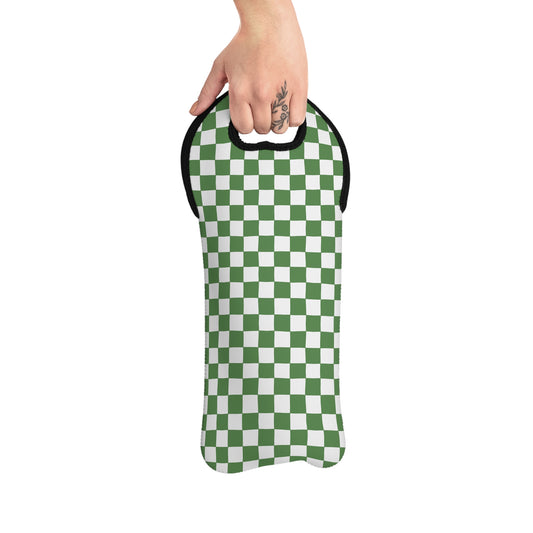 Green Checkered Wine Tote Bag – Reusable Neoprene Wine Bottle Carrier with Handle