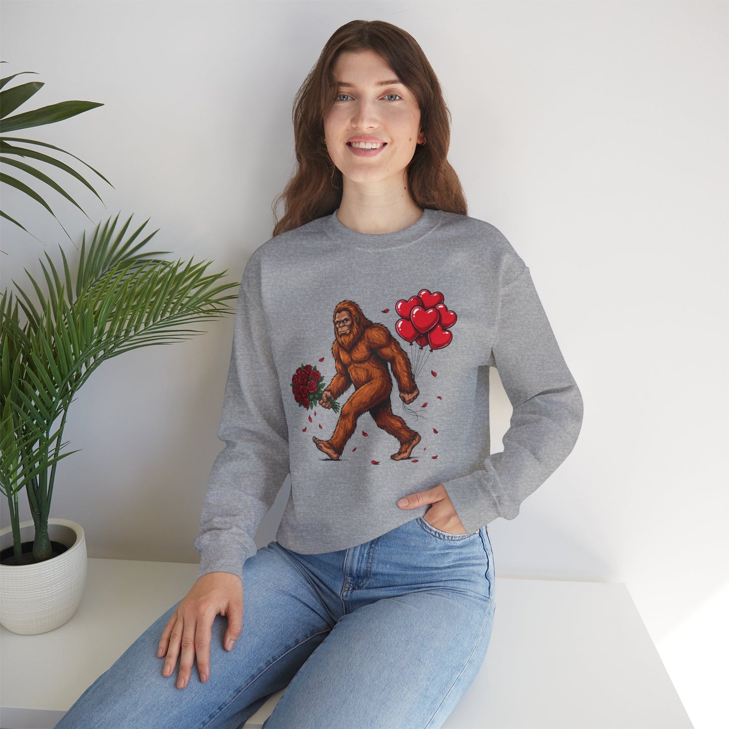 Bigfoot with Flowers Crewneck Sweatshirt | Sasquatch Valentine Pullover | Whimsical Cryptid Love Sweatshirt | Cozy Forest Aesthetic Apparel