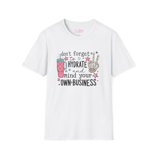 Hydrate and Mind Your Own Business Shirt Funny Self Care Tee, Sassy Wellness Graphic Shirt, Poly-Friendly ENM Unisex Gildan 64000