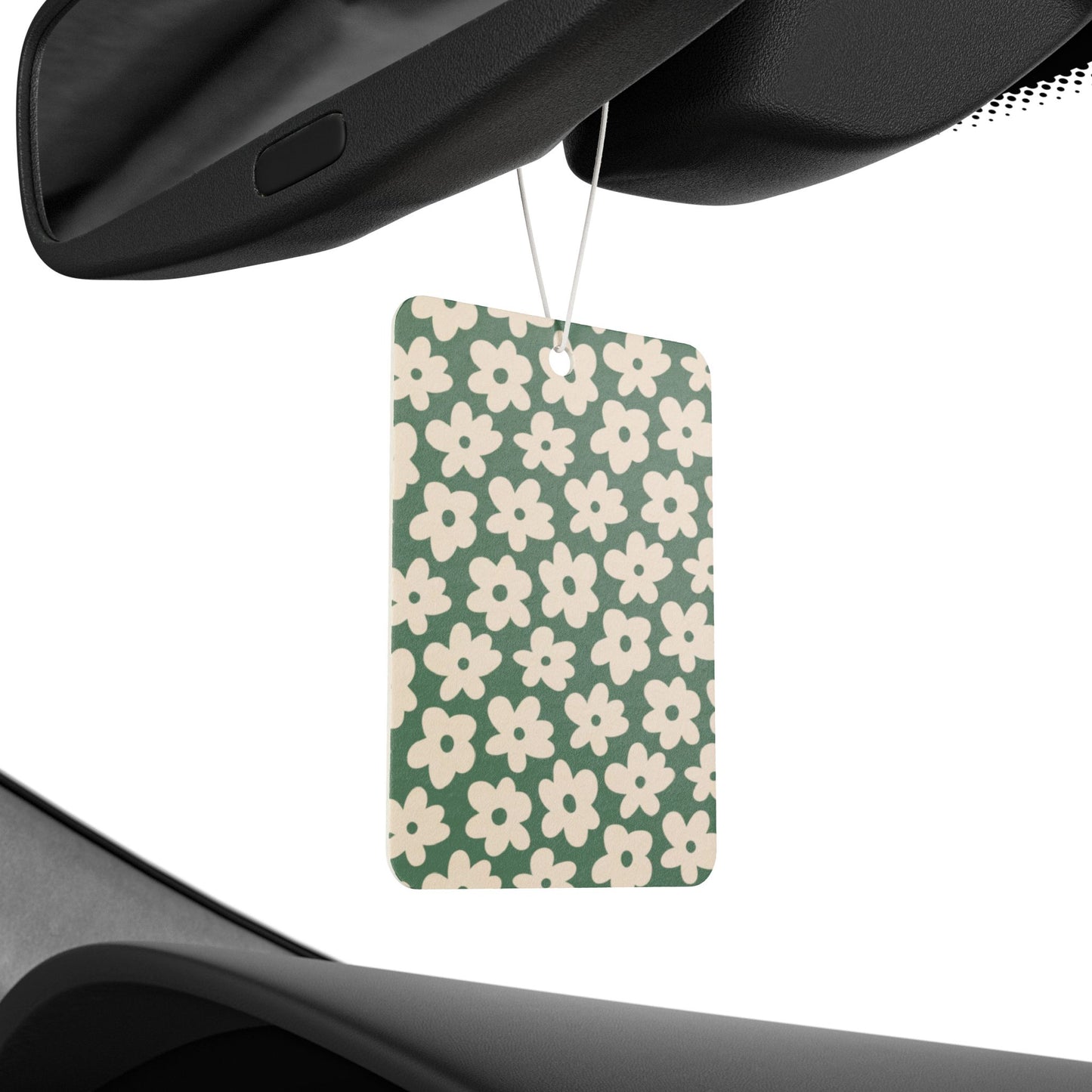 Green Retro Floral Car Air Freshener – Cute Daisy Aesthetic Hanging Diffuser | Pine, New Car & Black Ice Scents