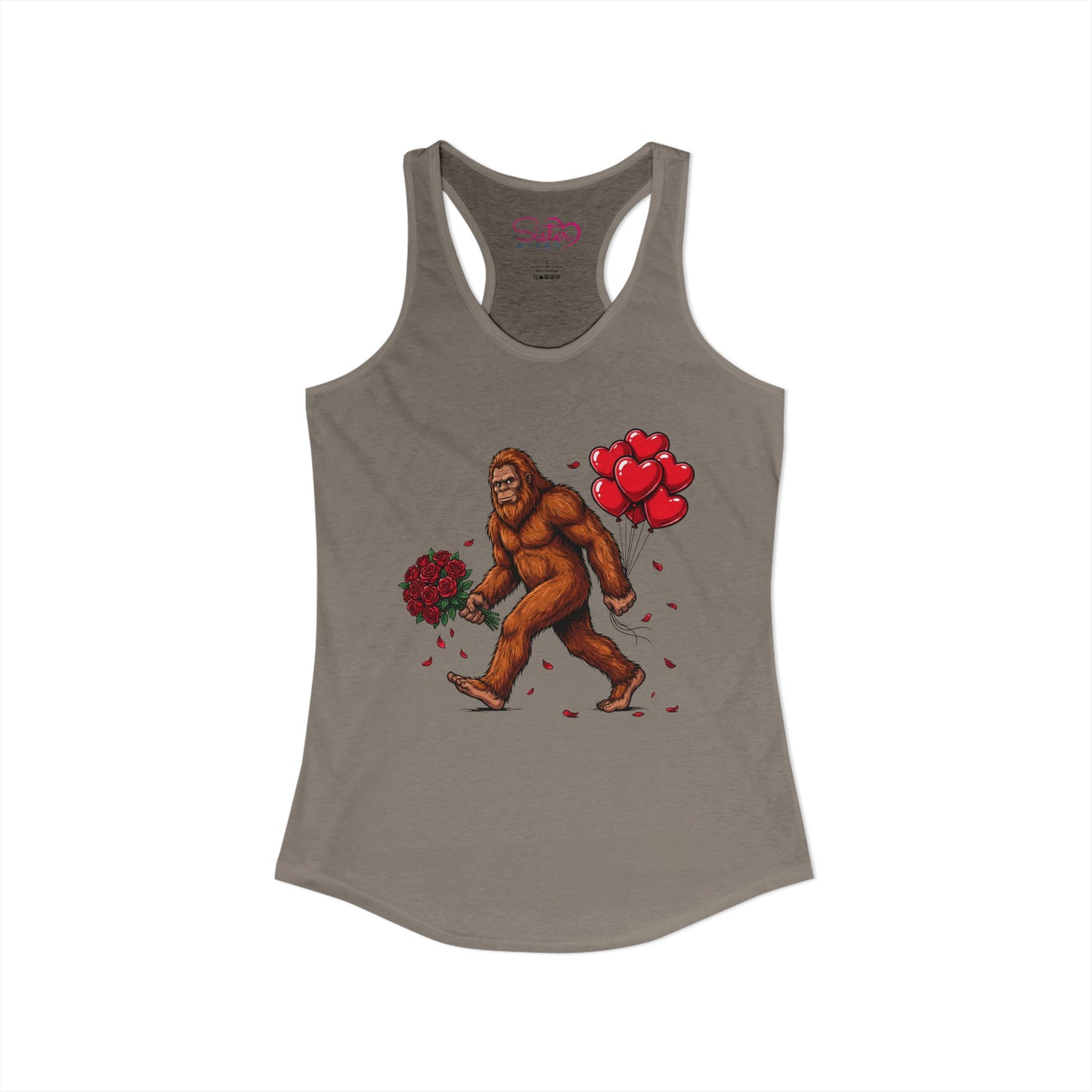 Bigfoot Valentine Racerback Tank – Sasquatch Holding Flowers Shirt | Cryptid Romance Humor | Poly & ENM Friendly Apparel