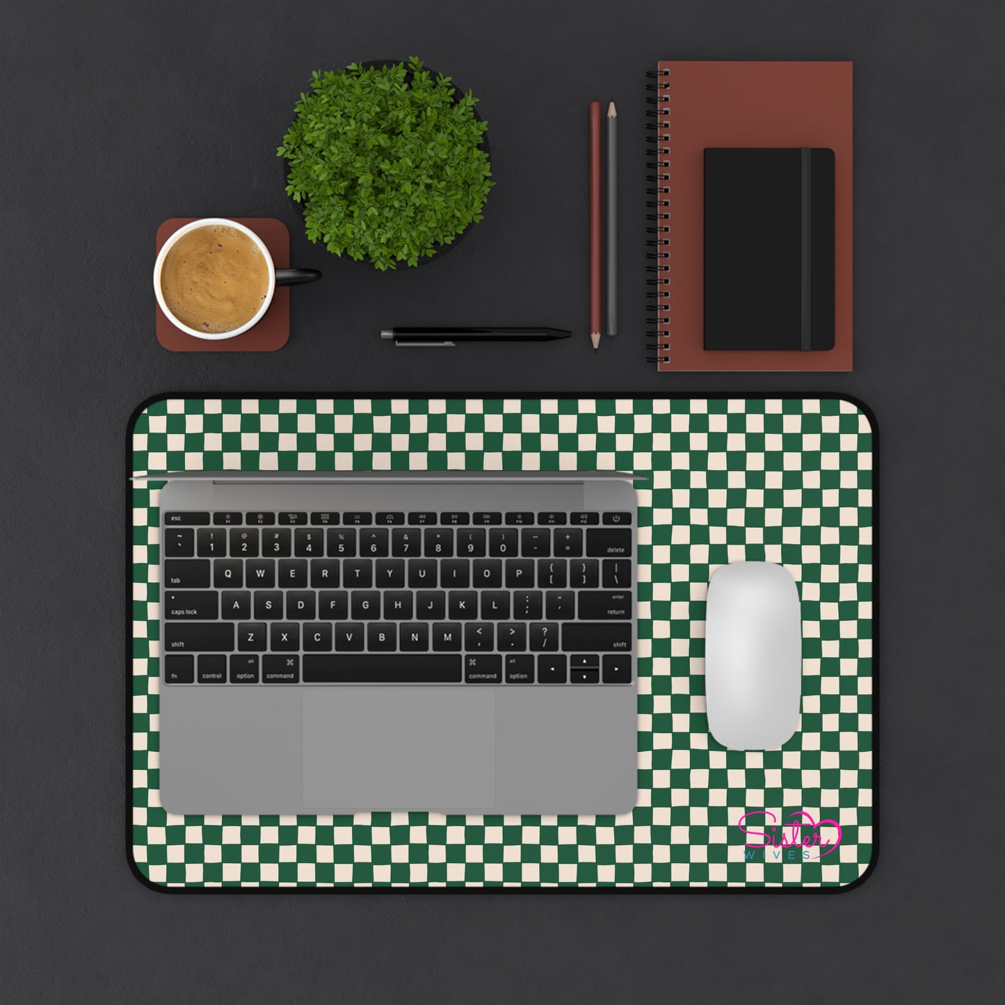 Green Checkered Desk Mat – Retro Checkerboard Mouse Pad, Neoprene Extended Desk Mat, Polyamory Friendly Office Decor, Love-Positive Workspace Accessory