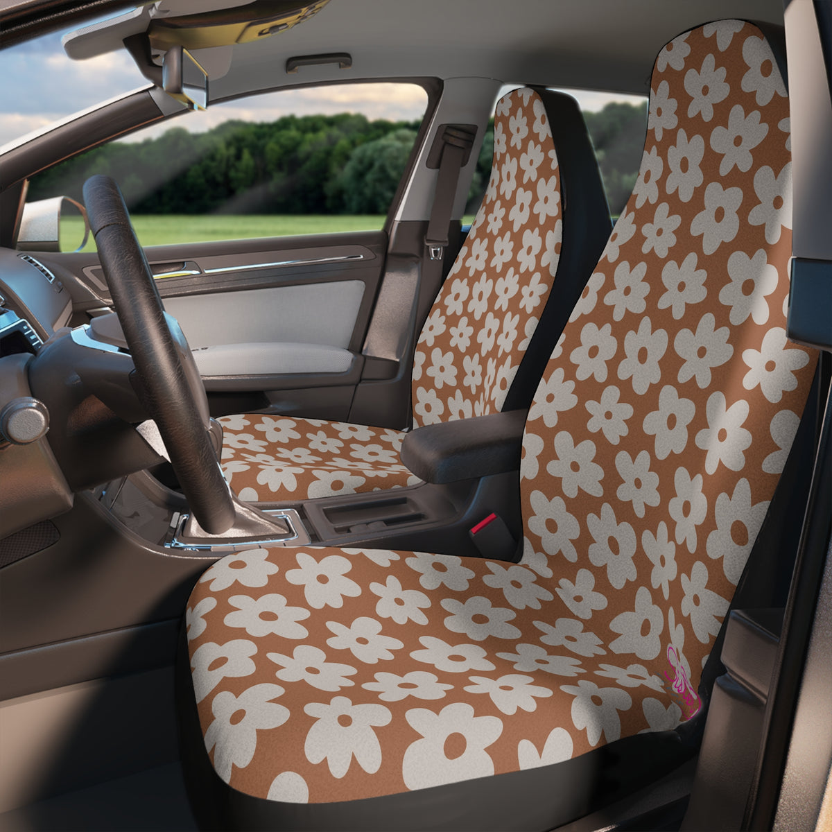 Brown Floral Car Seat Covers | Neutral Retro Daisy Auto Decor | Boho Cottagecore Seat Covers | Polyamory & ENM Friendly