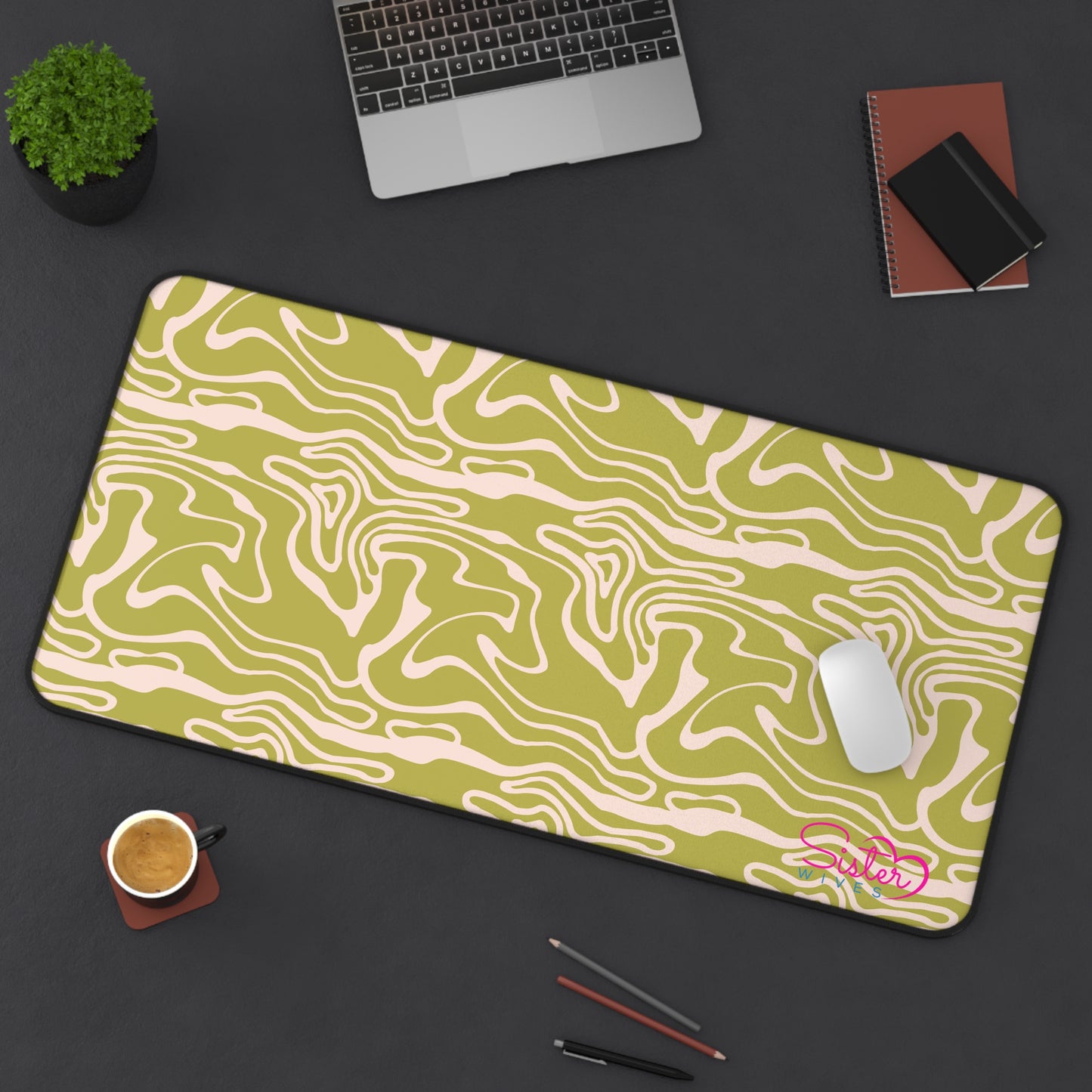 Olive Swirl Desk Mat – Retro Abstract Mouse Pad, Neoprene Extended Desk Mat, Polyamory Friendly Office Decor, Love-Positive Workspace Accessory