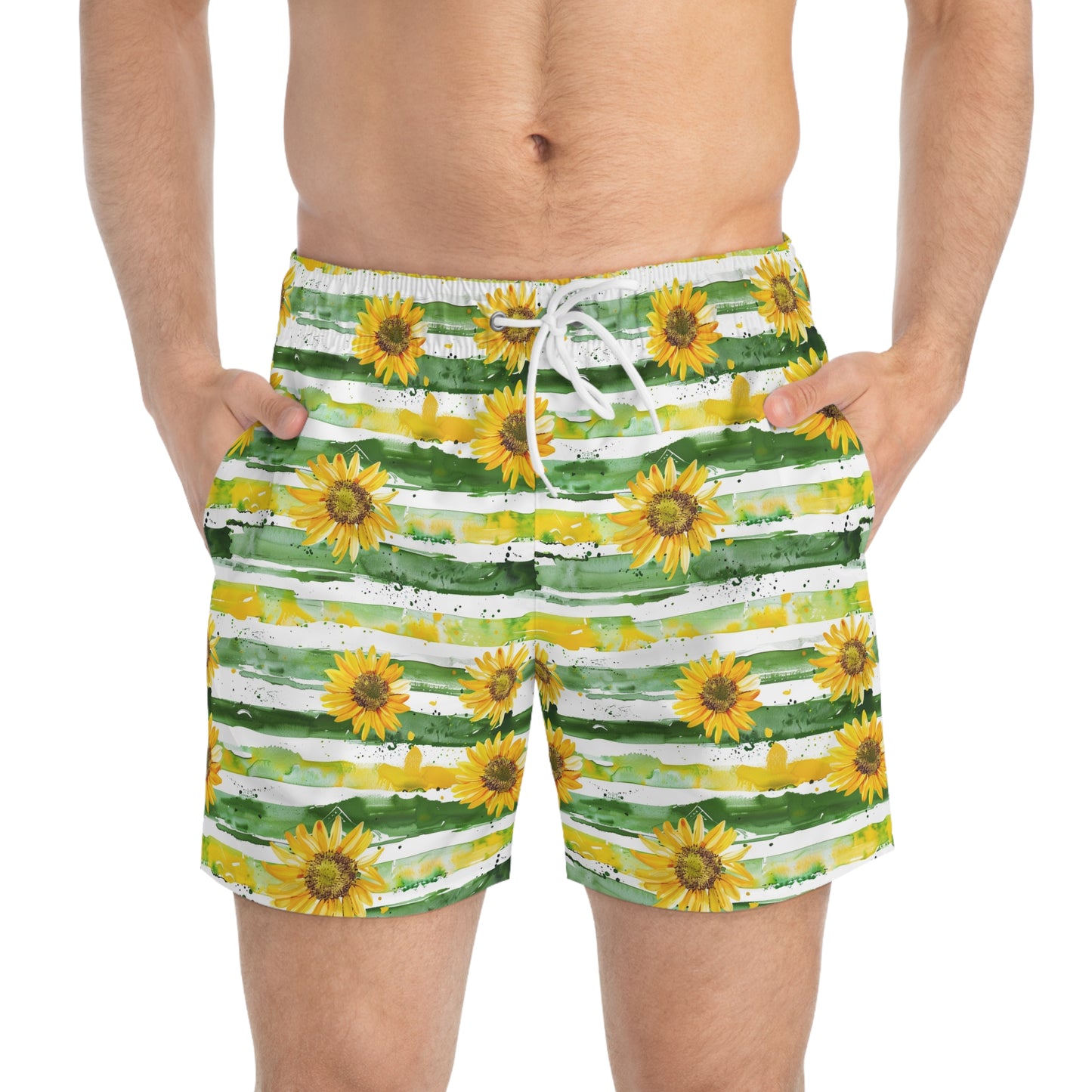Men’s Sunflower & Daisy Swim Trunks – Bright Floral Summer Swim Shorts, ENM Polyamory Friendly Beach Board Shorts, Fast-Dry