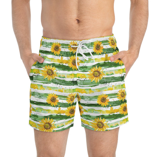 Men’s Sunflower & Daisy Swim Trunks – Bright Floral Summer Swim Shorts, ENM Polyamory Friendly Beach Board Shorts, Fast-Dry