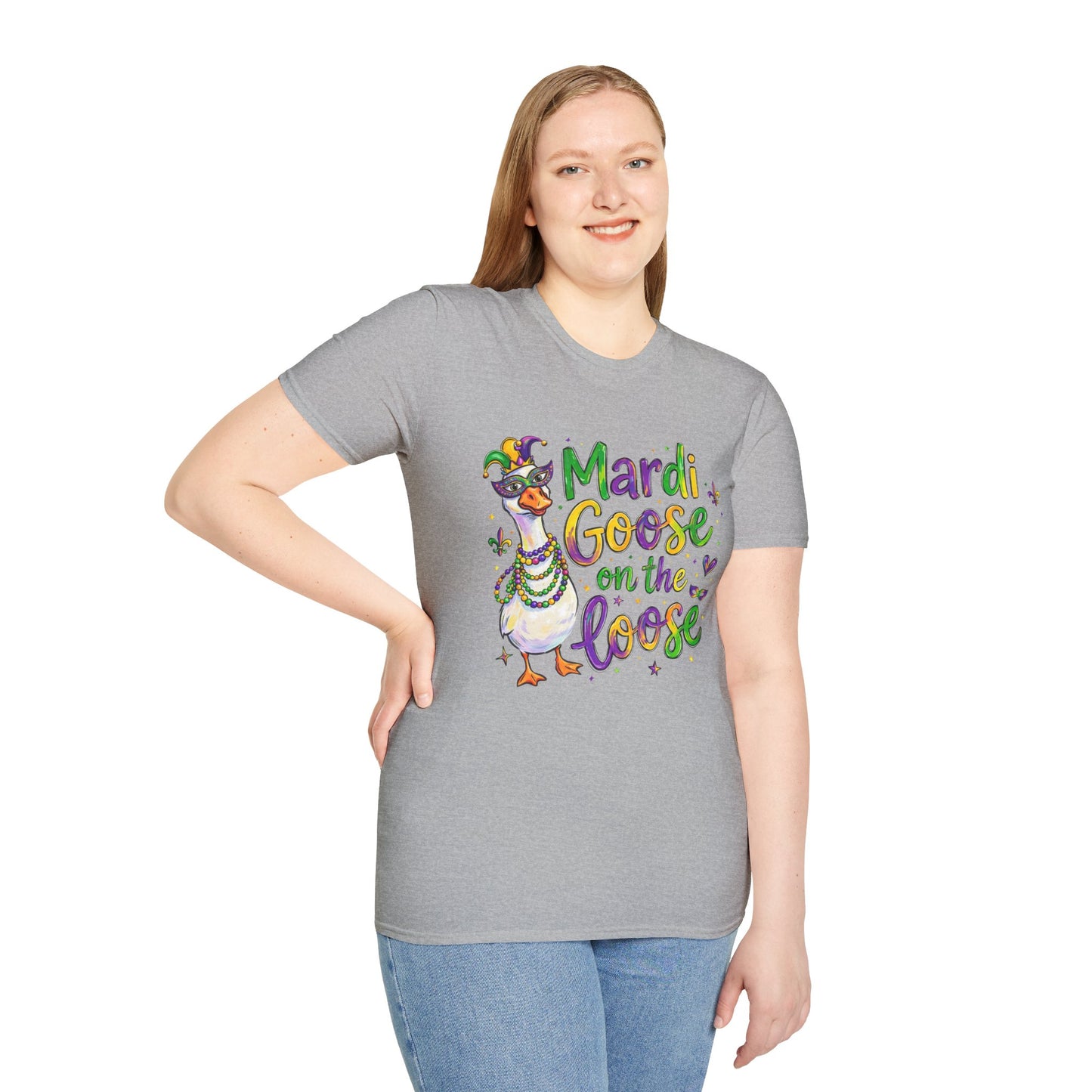 Mardi Goose on the Loose Shirt – Funny Mardi Gras Goose T-Shirt, Polyamory ENM Non-Monogamy Carnival Tee, Unisex Gildan 64000