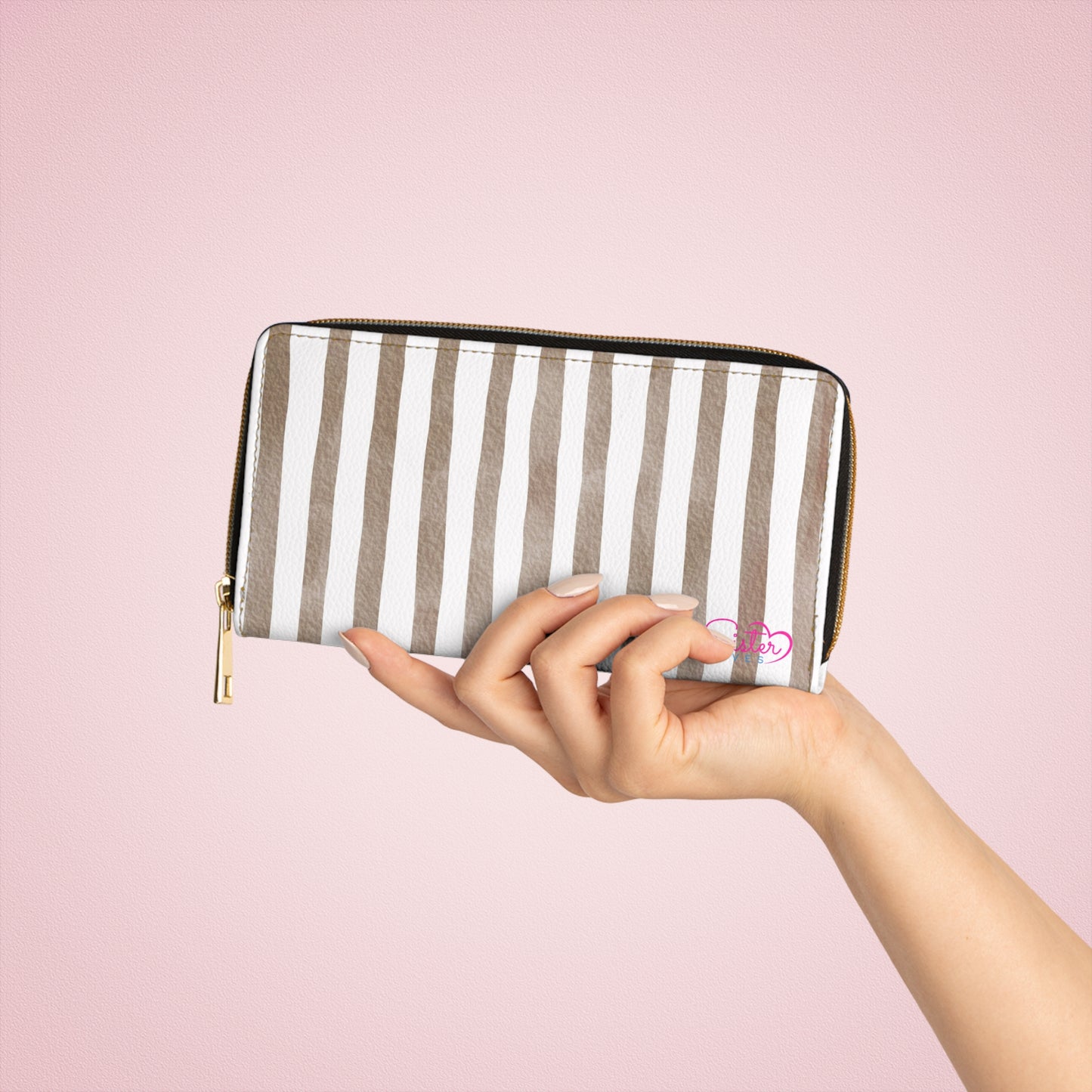 Stripe Zip Up Wallet – Polyamory Sisterwives ENM Friendly Wallet | Swinger Lifestyle Accessory | Minimalist Blush Stripe Zipper Wallet