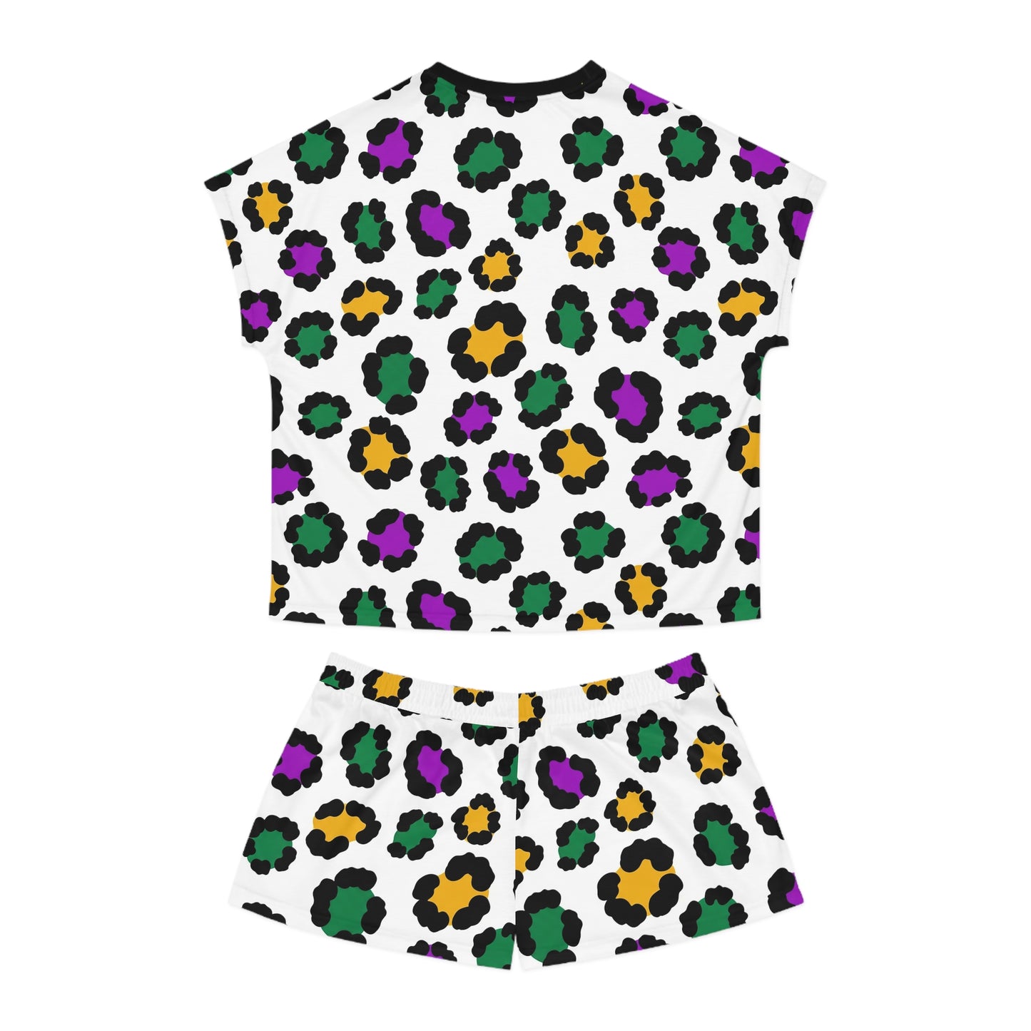 Mardi Gras Leopard Print Pajama Set – Animal Print Short Sleeve Sleepwear, Polyamory Friendly ENM Lounge Set, Bold Festival Pajamas