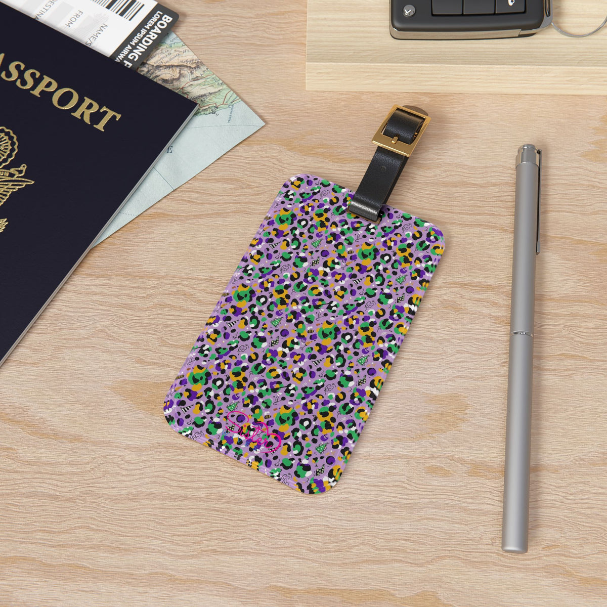 Mardi Gras Leopard Print Luggage Tag – Polyamory ENM Pride Travel Accessory, Colorful Acrylic Suitcase Tag