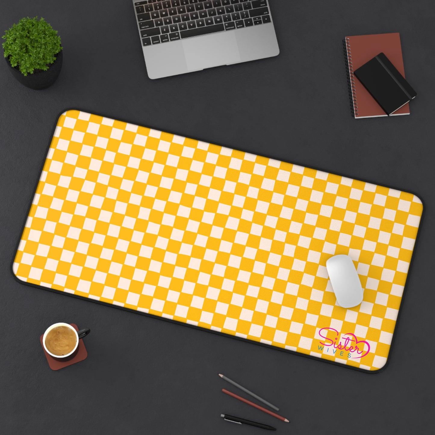 Yellow Checkered Desk Mat – Retro Checkerboard Mouse Pad, Neoprene Extended Desk Mat, Polyamory Friendly Office Decor, Love-Positive Workspace Accessory
