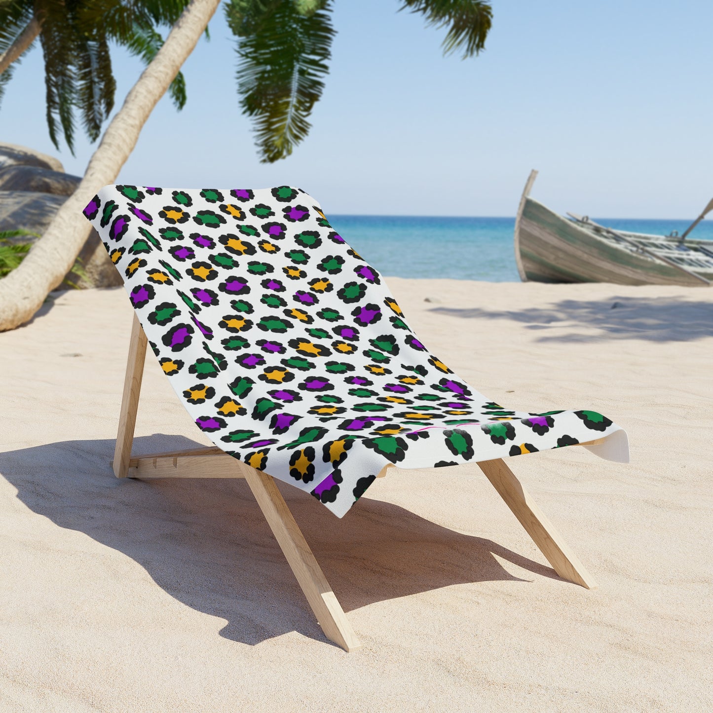 Mardi Gras Cheetah Print Beach Towel | Polyamory ENM Friendly | Matching Couple & Throuple Towel | Festival Cruise Pool & Resort Towel
