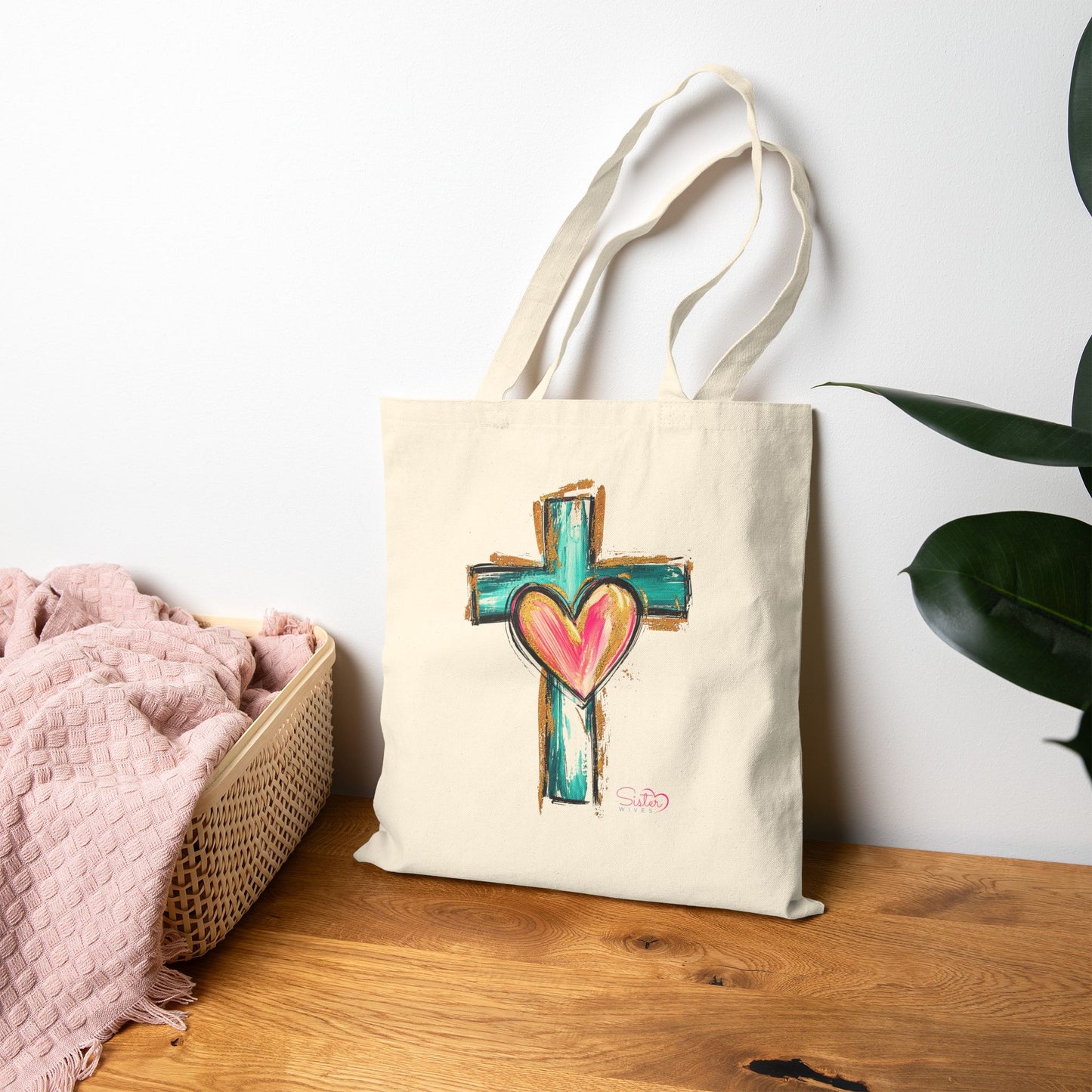 Colorful Sacred Heart Cross Canvas Tote Bag – Folk Art Faith & Love Tote | Hand-Drawn Christian Cross | Inclusive, Chosen Family Friendly Gift