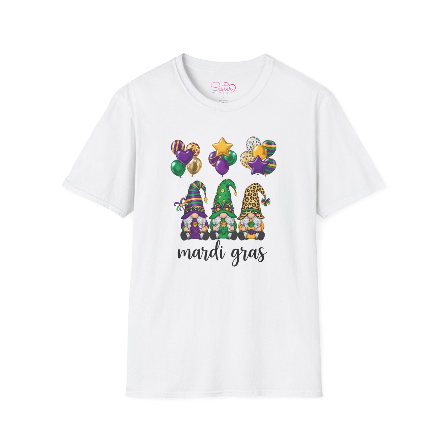 Mardi Gras Throuple Gnome T-Shirt | Polyamory ENM Pride Tee | Festive Gnome Graphic Shirt | Chosen Family Swinger Lifestyle Apparel