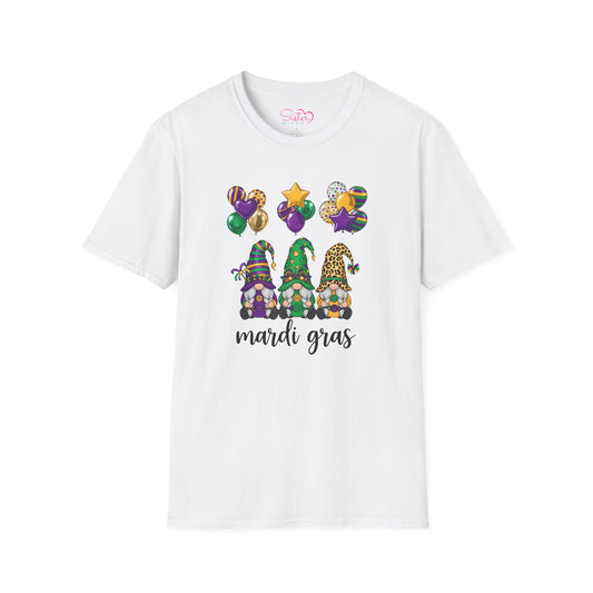 Mardi Gras Throuple Gnome T-Shirt | Polyamory ENM Pride Tee | Festive Gnome Graphic Shirt | Chosen Family Swinger Lifestyle Apparel