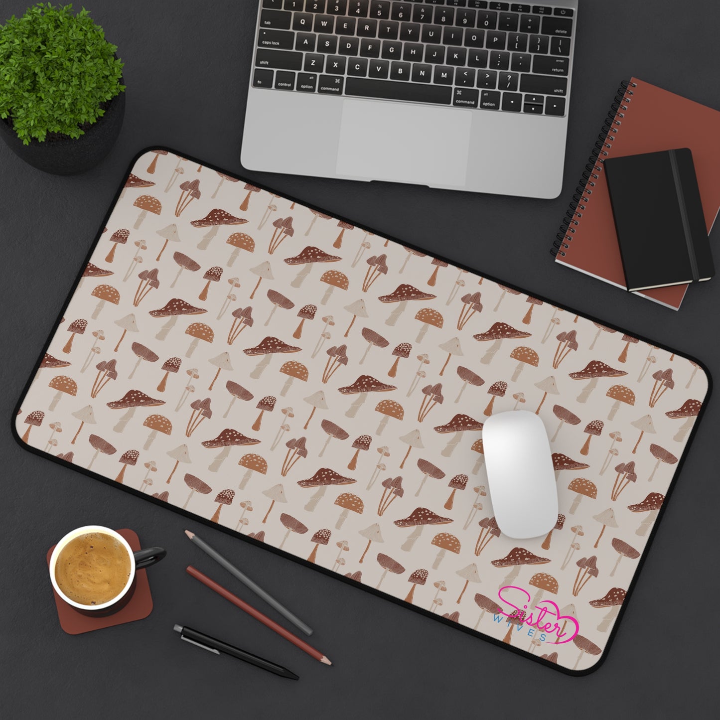 Brown Mushroom Desk Mat – Aesthetic Office Mouse Pad, Neoprene Extended Desk Mat, Polyamory Friendly Workspace Decor, Love-Positive Home Office Accessory