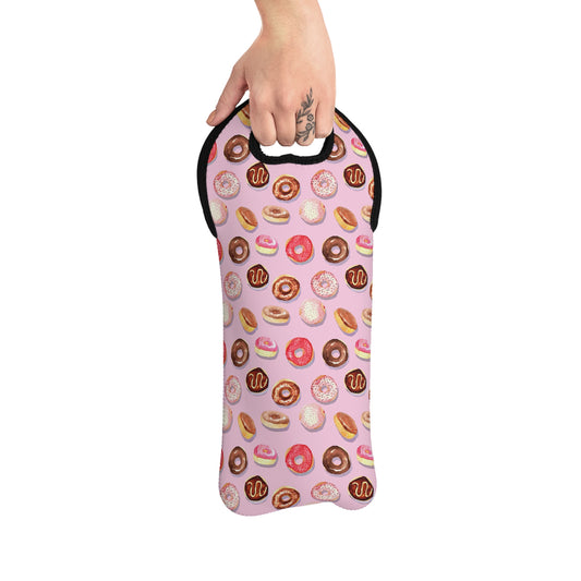 Pink Donut Wine Tote Bag | Neoprene Wine Bottle Carrier with Handle | Cute Dessert Gift for Parties