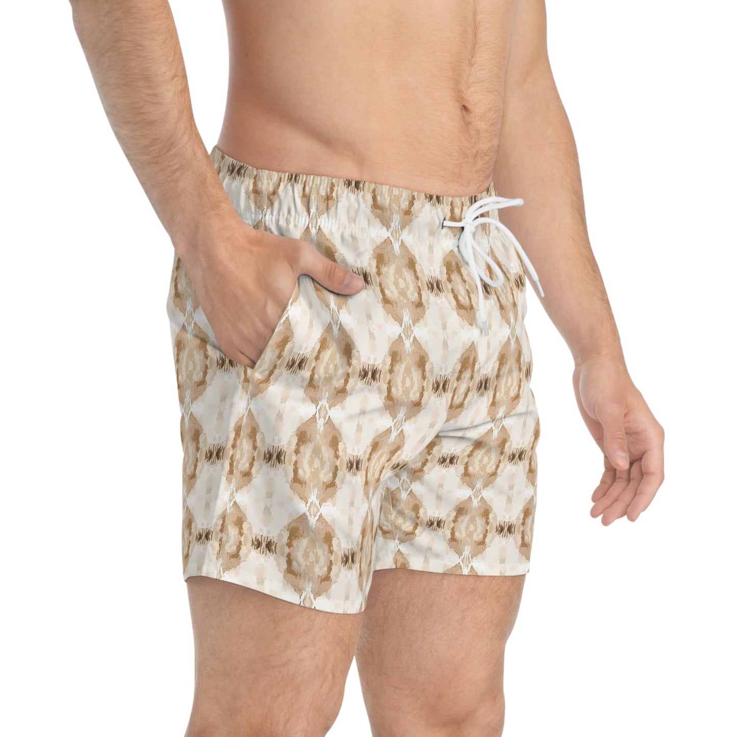 Men’s Boho Abstract Swim Trunks – Neutral Earth Tone Boardshorts | Modern Minimalist Swimwear | Fast-Dry Men’s Swim Shorts