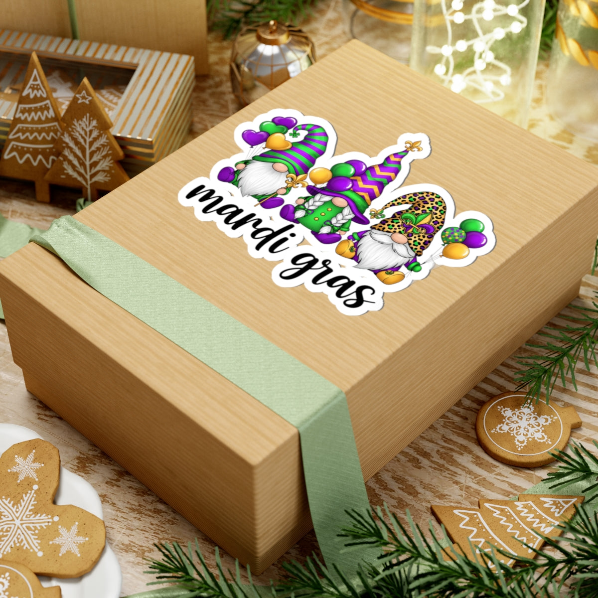 Mardi Gras Throuple Gnomes Kiss-Cut Sticker | Polyamory ENM Pride Vinyl Decal | Chosen Family Gnome Sticker | Mardi Gras Laptop Sticker