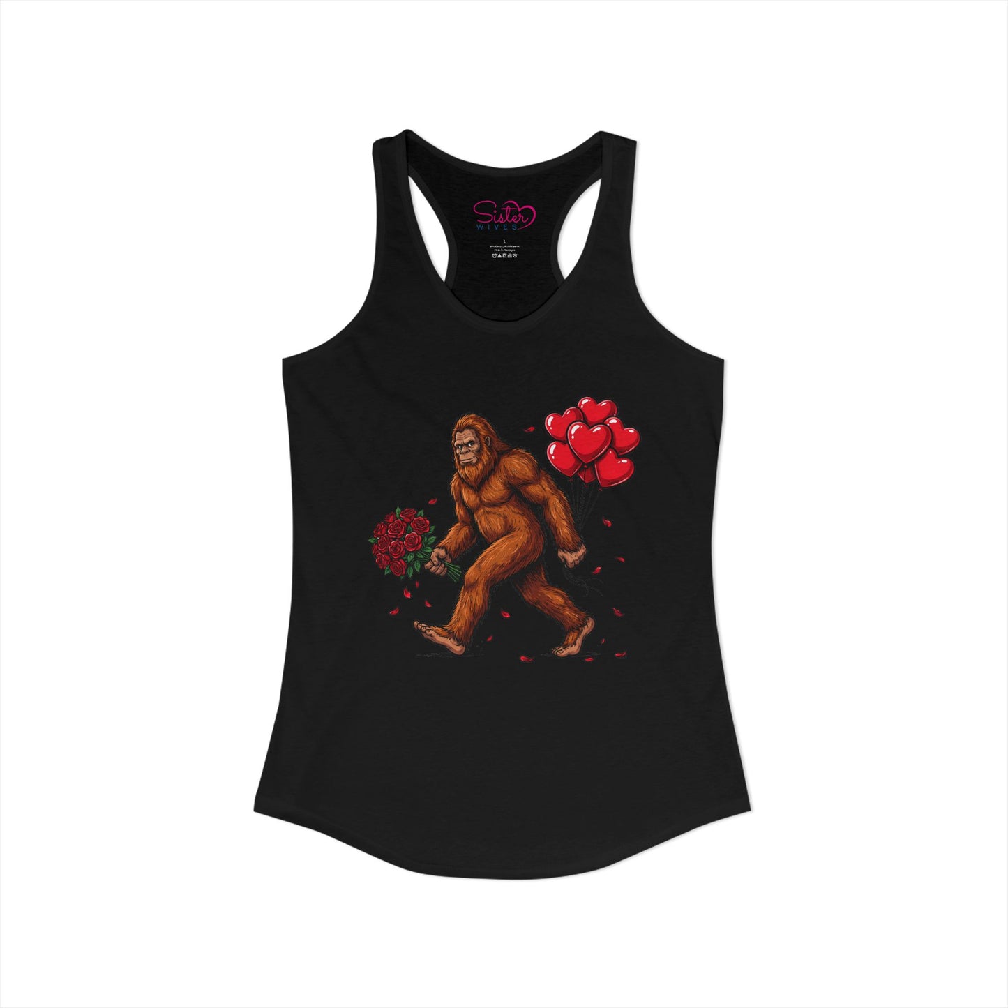 Bigfoot Valentine Racerback Tank – Sasquatch Holding Flowers Shirt | Cryptid Romance Humor | Poly & ENM Friendly Apparel