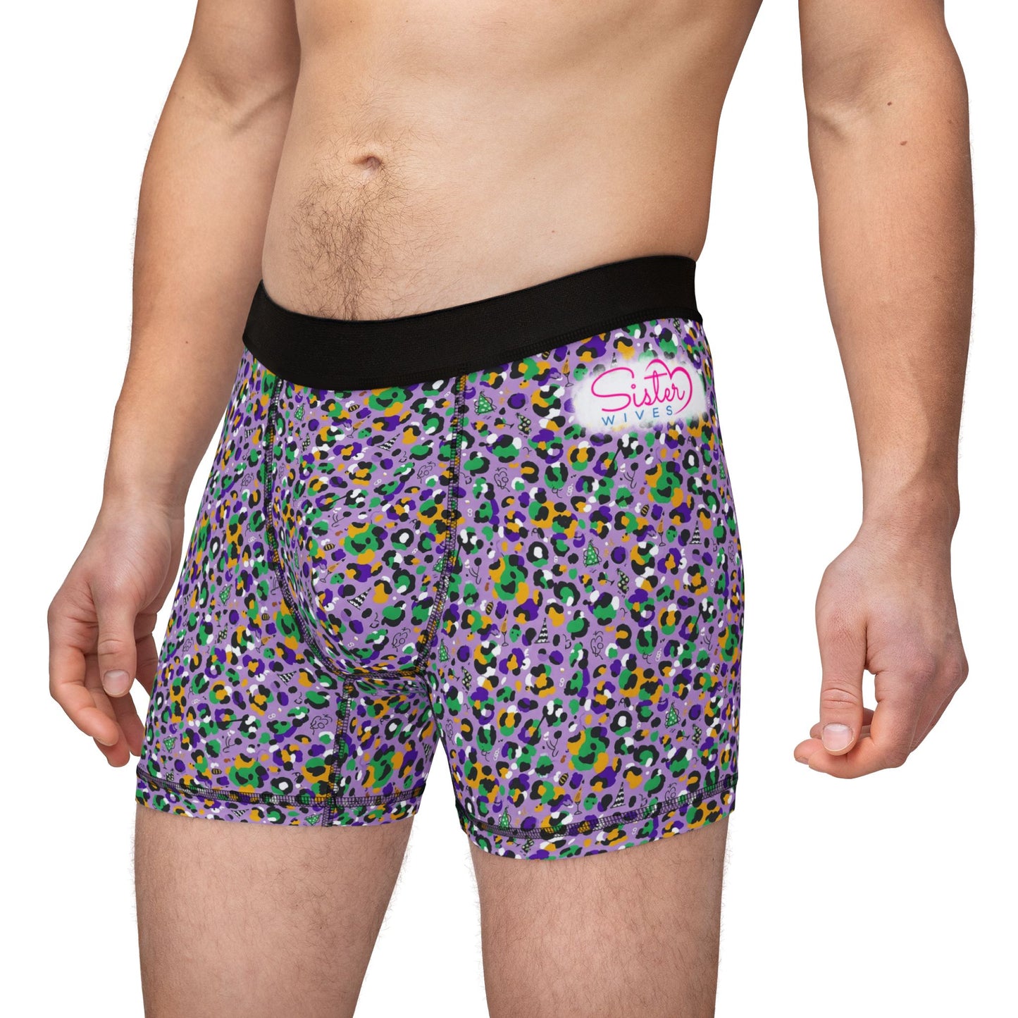 Mardi Gras Cheetah Print Men’s Boxer Briefs | Polyamory ENM Pride Underwear, Matching Couples Underwear