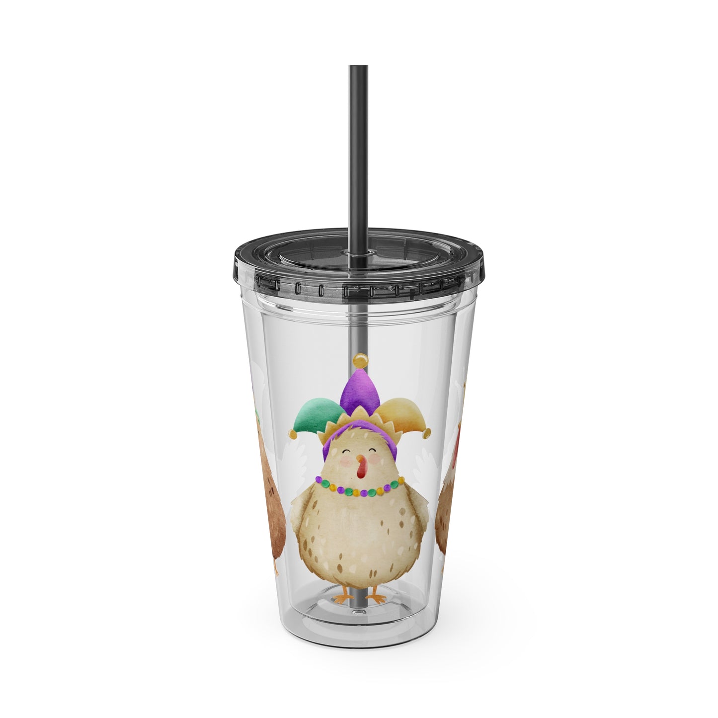 Mardi Gras Chicken 16oz Sunsplash Tumbler | Funny Farm Chicken Drink Cup | Cajun Mardi Gras Drinkware | Colorful Chicken Lover Gift | Farmhouse Humor Tumbler