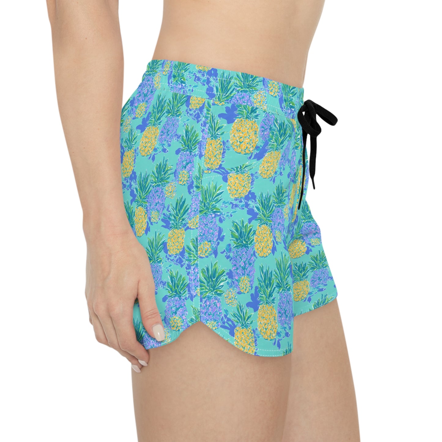 Blue Costal Pineapple Sisterwives Floral Women's Casual Shorts, Summer Beachwear, Vacation Shorts, Cute Lounge Shorts, Pineapple Print Shorts