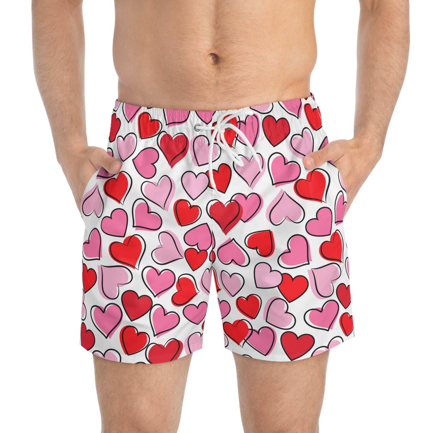 White Men’s Valentine’s Heart Swim Trunks – Red Heart Print Board Shorts, Polyamory & ENM Friendly Swimwear, Fast-Dry Summer Shorts