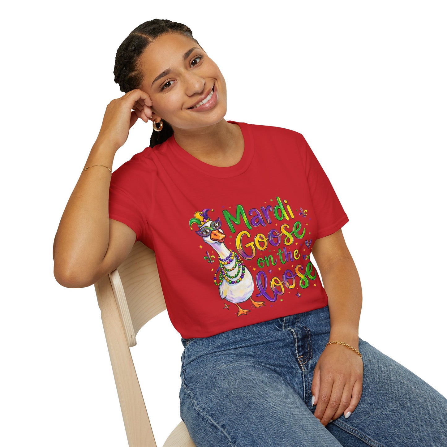 Mardi Goose on the Loose Shirt – Funny Mardi Gras Goose T-Shirt, Polyamory ENM Non-Monogamy Carnival Tee, Unisex Gildan 64000